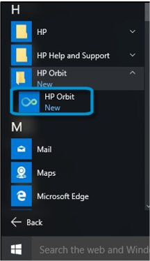 Opening HP Orbit from the Start menu