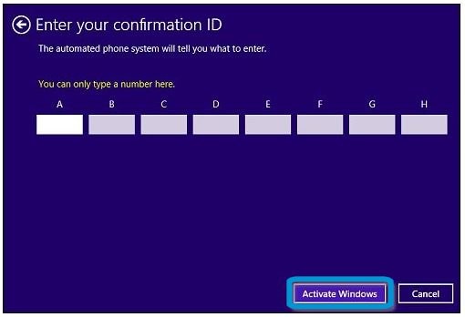 Activate Windows button in Enter confirmation ID
