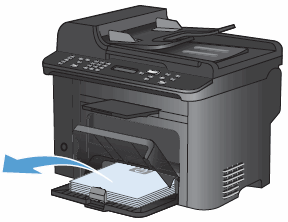 Illustration: In tray 1 or the priority input slot,
remove the paper stack.