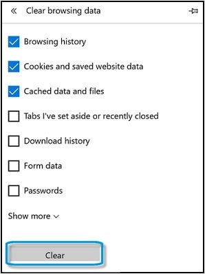 Selecting browsing data items to clear in Microsoft Edge 