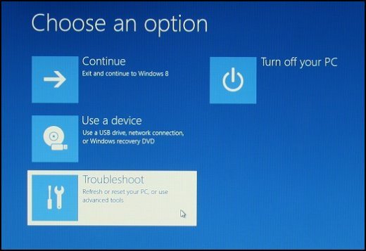 Image of Choose an option screen with Troubleshoot selected
