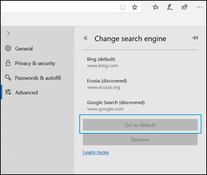 The Change search engine window with Set as Default highlighted