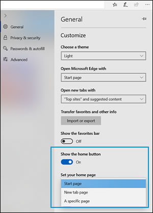 The general settings window with the Show the home button toggle and the home page selection drop-down menu highlighted