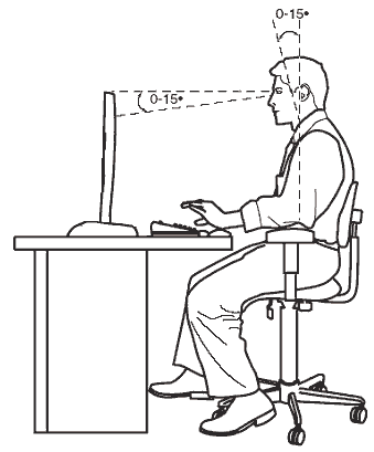 Pessoa olhando para a tela do computador com a altura adequada à visualização
