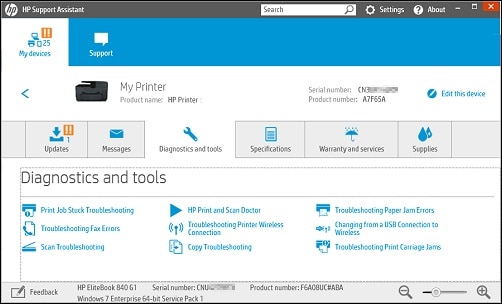  HP Support Assistant 顯示「我的電腦」檢視，檢視中的「診斷和工具」標籤呈已選擇狀態