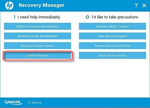 Recovery Manager Main screen