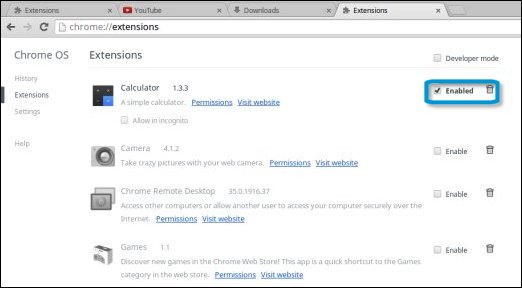 Chrome OS Extensions tab