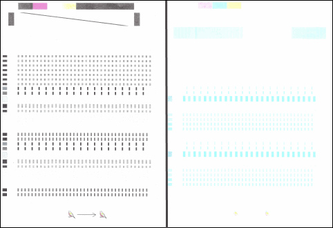 Image: Examples of streaked, faded, or missing colors alignment pages.