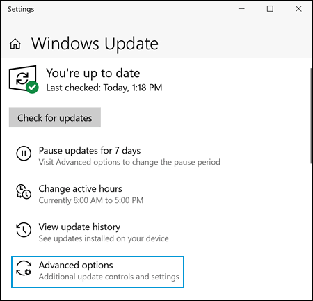 The Windows Update window with Advanced options highlighted