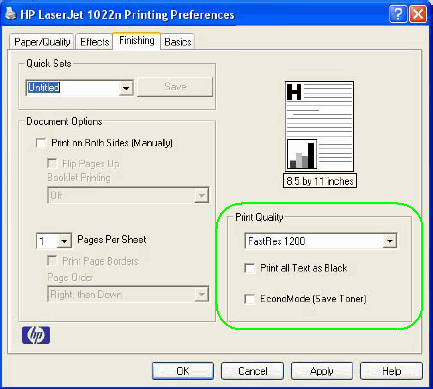 'Print Quality' section in the Printing Preferences window, Finishing tab (screenshot)