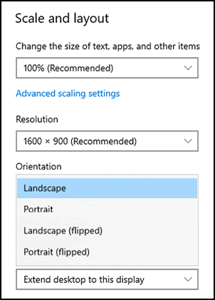 Selecting an option from the Orientation drop-down menu