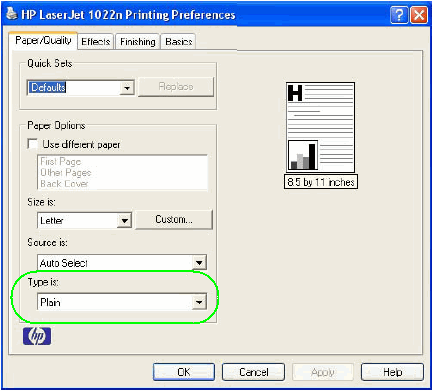 'Type is:' drop-down list in the Printing Preferences window, Paper/Quality tab (screenshot)