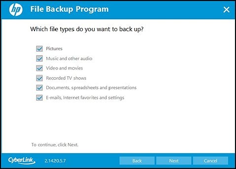 Selecionar tipos de arquivo para backup