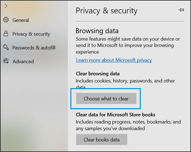 The Privacy & security window with Choose what to clear highlighted
