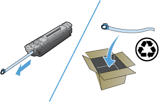 Illustration of removing the tab from the cartridge and preparing it for recycling.