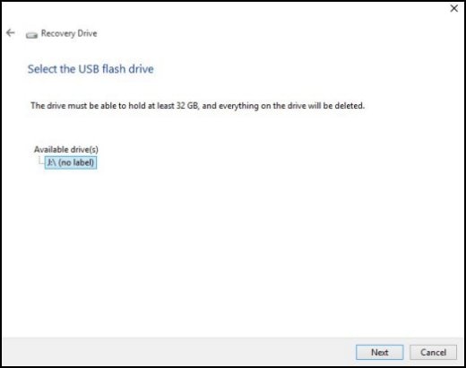 Selecione a tela da unidade flash USB com uma unidade USB selecionada