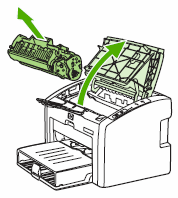 Opening the print cartridge door and removing the old cartridge (graphic)