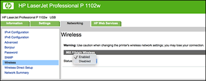 Abilitazione wireless nella scheda Rete in HP Utility