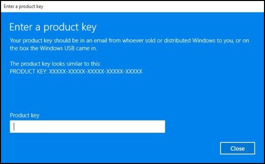 Typing the product key in the Product key field
