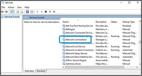 The Services Window with Network Connections highlighted