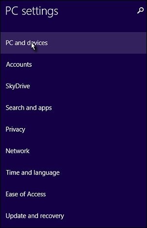 The PC and devices tab in PC settings