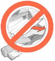 Illustration cautioning against pulling jammed paper from the front of the product