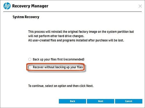 Selecting  recover without backing up your files