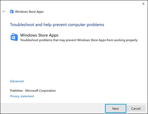 Clicking Next in the Windows Store Apps troubleshooter