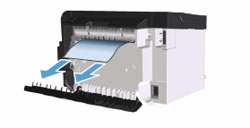 Illustration of removing jammed paper from rear of product. 