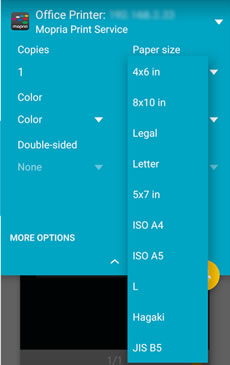 Example of the paper size options