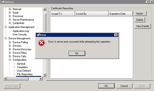 Example of the Certificate Repository error.