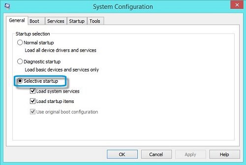 System Configuration, General tab with Selective startup selected