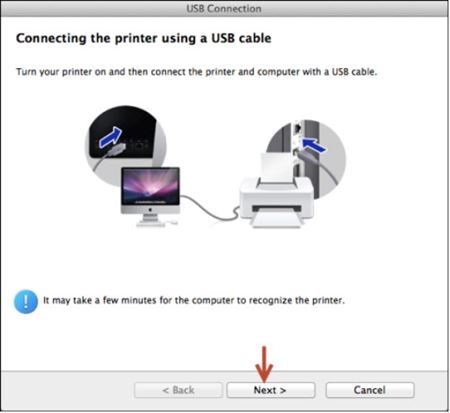 Image shows printer and USB cable connected