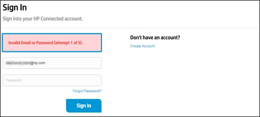 Example of an invalid password error message