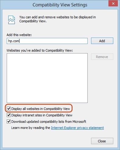Ventana de configuración de Vista de compatibilidad con la opción Mostrar todos los sitios web en Vista de compatibilidad marcada
