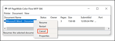 Clicking Cancel in the print queue in Windows 10