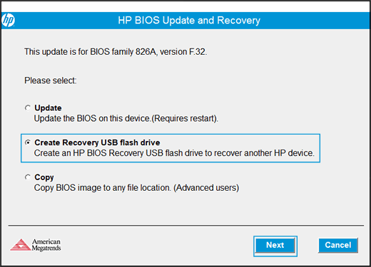 Luo palautustallenne USB-muistitikulle -viesti HP System BIOS Update -apuohjelmassa