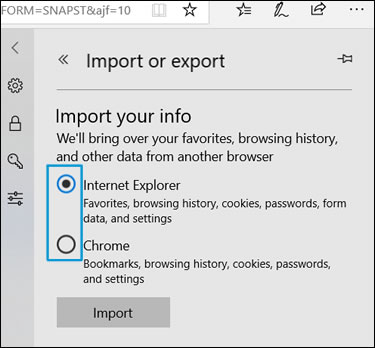 The Import or Export window with the radio buttons highlighted