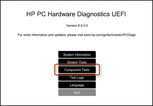 A tela HP PC Hardware Diagnostics UEFI