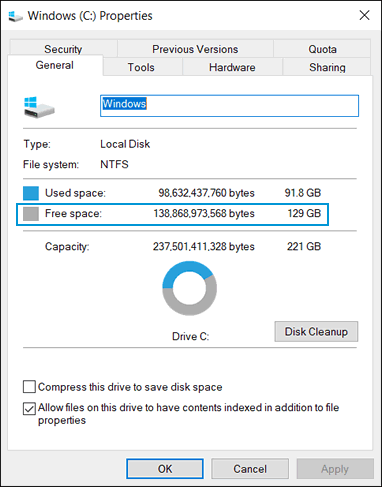 Checking the amount of free space on the main hard drive