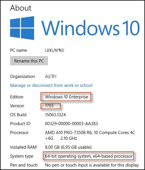 Propriedades do sistema mostrando o Windows 10 Enterprise, versão 1703 de 64 bits