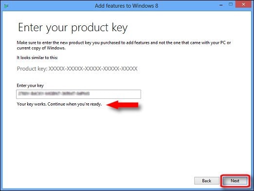 The window for entering the product key for an upgrade using Windows 8 Pro Pack