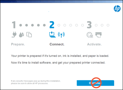Example of the Connect screen. Do not click Continue at this point