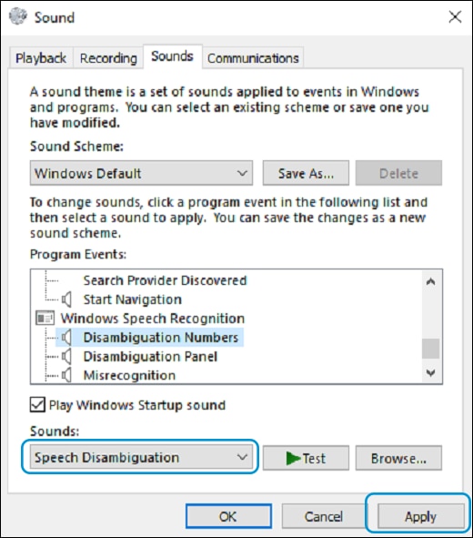  Sound options for Speech Recognition program events  in the Sound menu