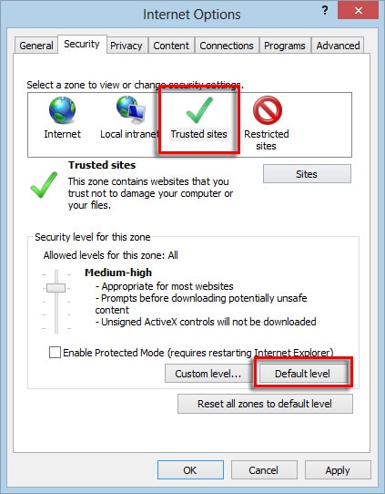 Internet Options Security tab with Default level selected