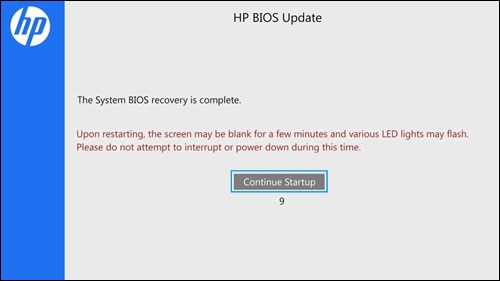 HP BIOS Update screen displaying the Continue Startup button