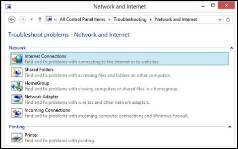 Network and Internet window with Internet Connections highlighted