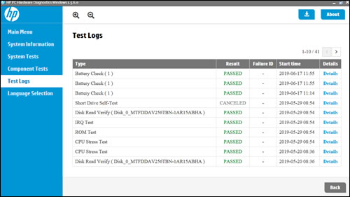 Selecting Test Logs in the HP PC diagnostic main menu