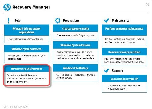 HP Recovery Managerin aloitusnäyttö
