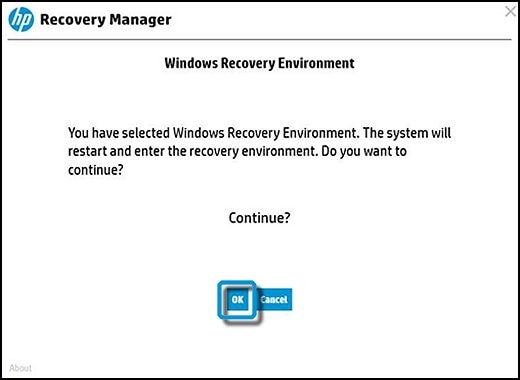 Windows Recovery Environment with OK selected